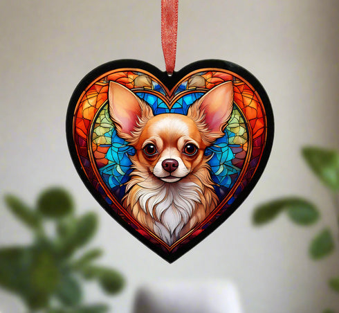 Chihuahua Fawn Stained Glass Effect Heart Suncatcher
